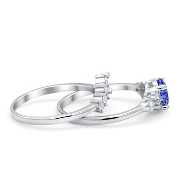 Two Piece Wedding Ring Round Simulated Tanzanite CZ 925 Sterling Silver